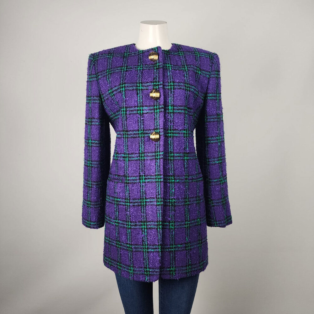 Vintage Purple & Green Plaid Wool Blazer with Gold Buttons